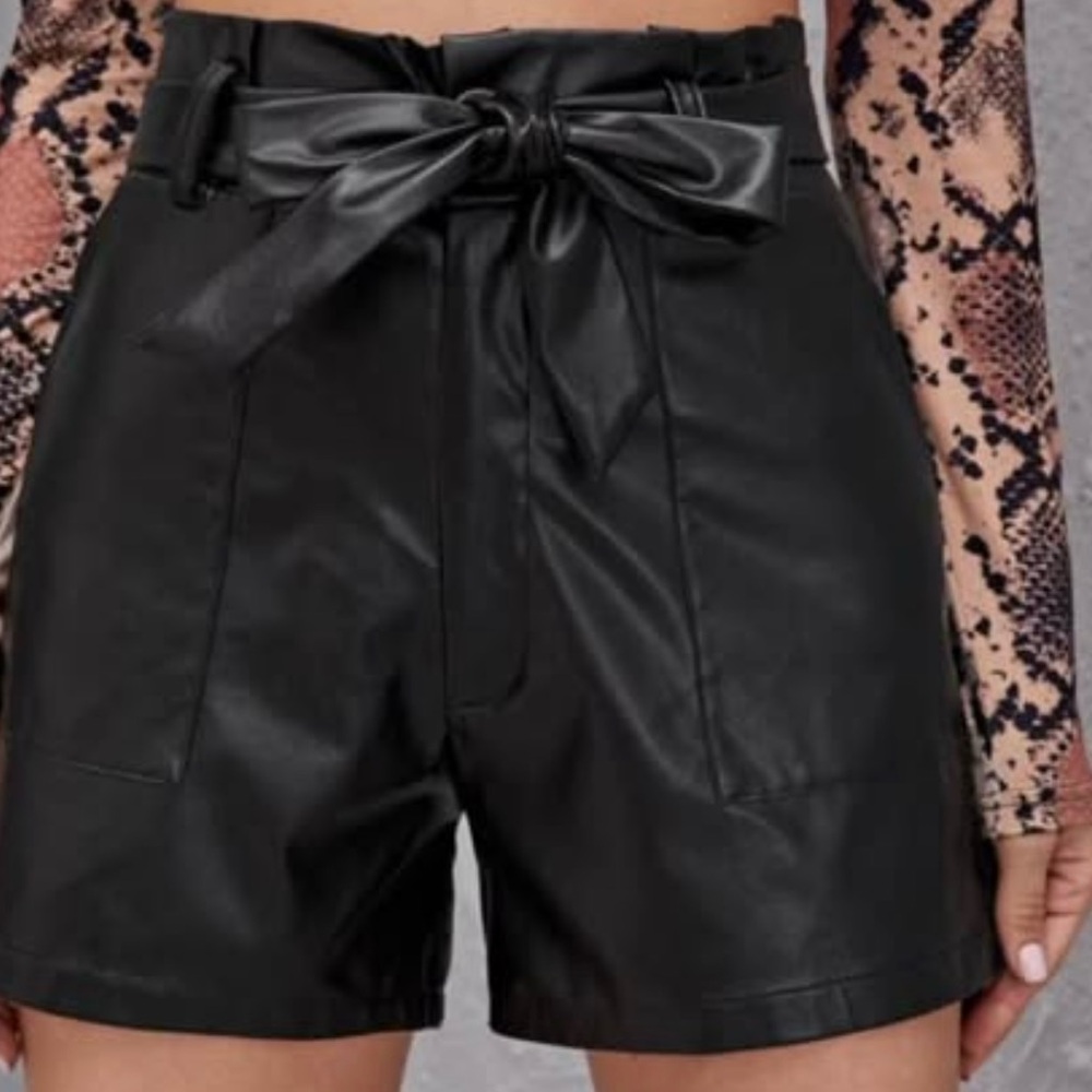 Black Faux Leather Tie-Waist Shorts